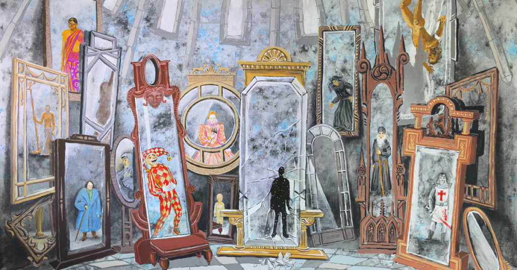 Cluttered mirrors each reflect different Jungian archetypes, including knights, queens, clowns, gods.