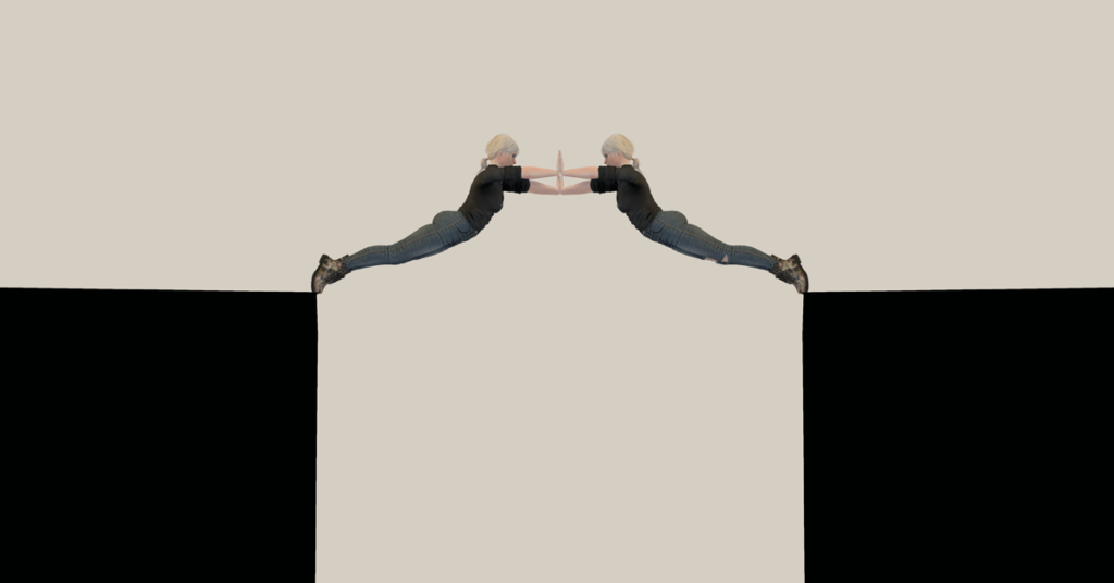 Two women support each other over a divide, illustrating Trust in Relationships.