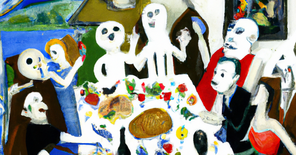 Ghosts cluster around a colourful dinner table for a family gathering.