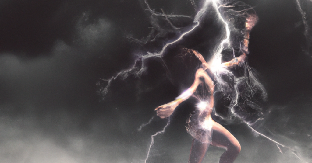 A naked man is dancing while being struck by lightning, illustrating the mania and suffering associated with bipolar disorder.