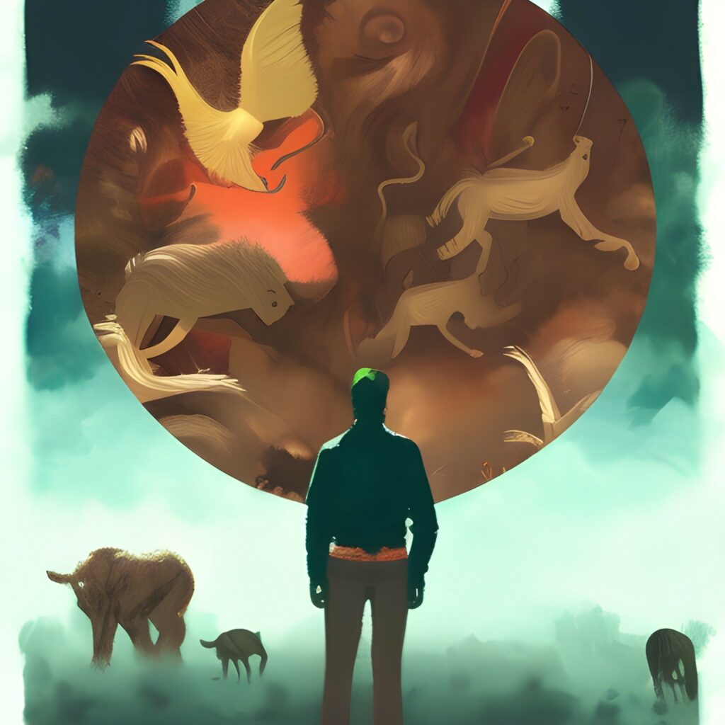A young warrior stands in front of a wilderness image to illustrate Jung's ethical stance.