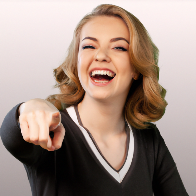 A laughing woman with blond hair points at the viewer mockingly.
