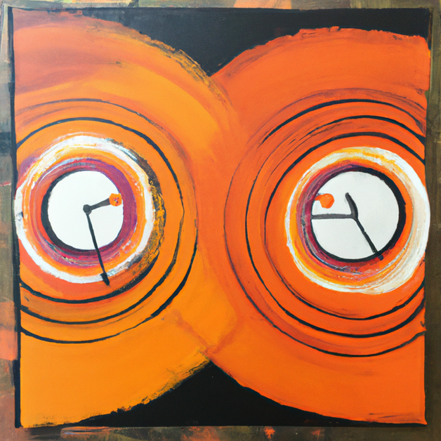 Two orange abstract objects that could be clocks or eyes illustrate Jung's concept of synchronicity.